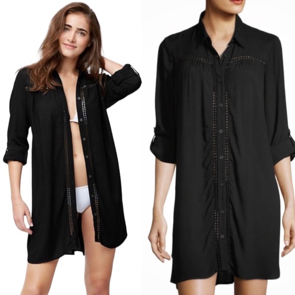 Tommy Bahama Lace Shirred Boyfriend Shirt Black Relaxed Fit Button Up XS - Picture 1 of 10